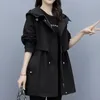 Women's Trench Coats Spring and Autumn 2023 Midlength Coat Hooded dragkedja tiein Jackor British Style Loose Coat's Clothing 230404