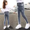 Jeans Jeans Jeans High Jeans de Jeans Jeans Jeans Elastic Slim Fit para Pernas Longas de Estilo Estrangeiro 3-13 Pontas de Meninas Roupas 230406