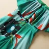 2023 여름 녹색 플로럴 프린트 패널 드레스 오프 어깨 슬래시 목 주름쪽 미디 캐주얼 드레스 S3A050330 플러스 사이즈 XXL