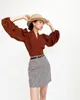 Women's T Shirts Autumn Winter Short-cut Navel Chiffon Shirt V-neck French Long-sleeved Commuter