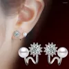Boucles d'oreilles à tige en argent sterling 925 pour femme Bijoux Perle simulée Femmes Fine Simple Temperament Hexagram Star