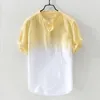 Camisas informales para hombre, camisetas de manga corta con botones transpirables finas de Color degradado de lino para hombre, blusa de camisa de manga corta para hombre
