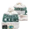 Homens de malha com punhos pom verde gorros bay gb bobble chapéus esporte chapéu de malha listrado lã lateral quente gorros de beisebol boné para mulher a6