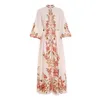 2023 Vacation Paisley Floral Maxi Dresses Pink Designer Robe Women Puff Sleeve Stand Collar Single-Breasted Lace Up Party Long Dress Spring Autumn Slim Runway Frocks