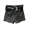 Frauen -Shorts Borvemays 2023 Herbst High Taille Patchwork Metal Button Belt Street Modetrend Slim Women PU Leder WZ6136