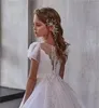 Girl Dresses Flower Dress White Tulle Lace Beaded Long Short Sleeve Round Neck Decal Elegant Wedding Child Birthday Supper