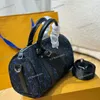 Preto Azul Dois Tons Mulheres Designer Speedy Bolsa com Alça Superior de Couro Tecido de Algodão Zíper Prateado Removível Alça Larga de Nylon 25 cm Bolsa de Ombro Cruzada