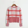 Frauen Strick Luxus Winter Kleidung Frauen Runway Designer Oansatz Langarm Top Mujer 2023 Vintage Rosa Plaid Pull Femme Hiver