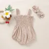 Rompers bady girls 2pcs夏の服装袖のフリルスモックストラップロンパーヘッドバンドセット230406