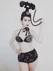 Bühnenkleidung Sexy Halter Schwarz Glänzende Strass Bikini Telefon Kopfschmuck Für Frauen Party Karneval Kleidung Führen Sie Kostüme durch