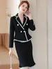 Tweedelige jurk Vintage beroep Set Dames Zwart Wit Patchwork Blazer Crop Top Jas en hoge taille Bodycon Kokerrok Koreaans slank pak