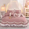 Ensembles de literie Korean Princess Style Coton Set Roantic Double Layer Rougnes Couper à couvre-lit Jupe de lit de linge de linge