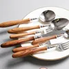 Dinnerware Sets 304 Stainless Steel Yellow Pear Wood Tableware Western Knife Fork Spoon Round Set Wholesale