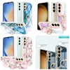 Luxury Marble Holder Cases For Samsung S23 Ultra S22 Plus S21 FE A54 A34 A53 A33 A32 A52 5G With Finger Ring Chromed Electroplated Flower Soft TPU IMD Shockproof Cover