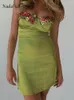 Повседневные платья Nadafair Satin Bleeveless Summer Women Mini Dress Beach Green Floral Spaghetti Braps Винтажный сексуальный праздник 2023