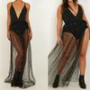 Skirts Women Shiny Sequins Sexy Swimsuit Bikini Cover Up Summer Wrap Maxi Long Skirt Sheer Mesh Side Slit Bandage Beach Sarong