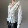 Blouses Femmes HEYounGIRL Coton Femmes Chemises minimalistes Bandage ajusté à la taille à manches longues Chic Blouse esthétique Top Turndown Col Tee