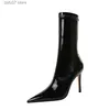 Bottes 2023 bottes mi-mollet en cuir verni brillant femmes pointues Sexy noir bottes de fête chaud Stretch talons hauts dames Botas Mujer automne T231106