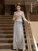Ethnic Clothing Chinese Style Bride Beading Cheongsam Sparkly Blue Sequins Wedding Dress Toast