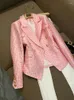 Women's Suits 2023 Fashion Bright Pink Geometric Pattern Double-breasted Long Sleeve Women Office Jacquard Fit Blazer