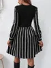 Casual Dresses Striped Dress Women Sexy V Neck Long Sleeve Party Black And White Stitching Spring High Waist Vintage Vestido