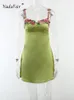 Sukienki swobodne Nadafair Satynowy rękawów Summer Kobiety mini sukienka plażowa zielone kwiatowe paski spaghetti vintage seksowne wakacje 2023 Backless
