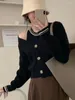 Women's Knits Fashion Tender Elegant Two Pieces Set Knitted Striped Cropped Cardigans Japanese Women Slim Bottoming Sweet Y2k Sweater Vests