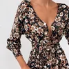 Robes décontractées imprimé floral sexy col en V à manches longues printemps été taille haute cravate robe élégante mode à lacets mini femmes