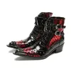 Fashion 6.5cm High Heels Leather Ankle Boots Men Iron Toe Buckles Zip Black Red Punk Motorcycle Short Boots for Man Big Sizes