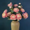 New Arrival 3 Heads Peonies Single Branch Artificial Silk Peony Flowers Oil Painted Peony Artificial Peony Wedding Fower Decoration Living Room Table Decoration