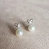 Genuine solid silver rhodium plated real natural freshwater pearl clover ear studs flower real 925 silver pearl earrings