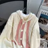 Kvinnors stickor HSA 2023 Kvinnor rosa lapptäcke huva vit tröja cardigans knapp upp höstvinter stickad och