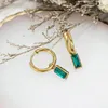 Hoop Earrings 925 Sterling Silver Needle Geometric Square Pendant For Women Pink/Purple/Green/Turquoise Crystal Jewelry