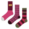 Chaussettes en coton à rayures Magenta pour femmes, 3 paires/lot, Tube central pour étiquette couleur Patchwork rétro mode fille, automne hiver