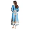 Femme Paisley Floral Bleu Maxi Robes Vintage Designer Manches Bouffantes Vacances Col En V Ceinturé Côté Bow Wrap Robe 2023 Printemps Automne Coupe Élégante Runway Party Frocks