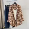 Blouses Femmes Chemises Femmes Lâche Harajuku Style Coréen Basic Plaid Vintage Étudiants À Manches Longues Loisirs Petit Ami Couple Jeune Simple