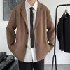 Jaquetas masculinas chic blazer para escritório bolsos à prova de vento casual simples ajuste solto lapela negócios