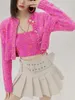 Women's Knits Autumn Women Two Piece Korean Style O Neck Cropped Knitted Pink Cardigan Slim Strapless Lace Up Y2K Camisole Female Chic