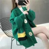 Women's Knits Spring Autumn Solid Color Loose Medium Long Knitted Cardigan Big Button Pocket Sweater Coat