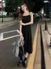 Vestidos de trabalho conjuntos femininos doce sólido kpop chique vintage camis midi preto magro simples casual curto o-pescoço topos assimétricos na moda