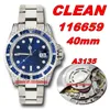 Clean Watches 116659 Super Date 904L 40mm A3135 Autoamtic Mens Watch Sapphire Diamond Bezel Blue Dial 904L Stainless Steel Bracelet Gents Wristwatches