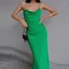 Sıradan Elbiseler Seksi Satin Maxi Elbise Kadın Spagetti Kayış Düz Renk V Boyun Kolsuz Yan Bel Kesme Dantel Sırtsız Sıkı Uzun