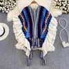 Frauen Strick Herbst Winter Pullover Poncho Frauen Batwing Hülse Casual Lose Pullover Boho Vintage Rüschen Tops Outwear Pull Femme