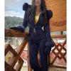 Other Sporting Goods Winter Hooded Jumpsuits Parka Elegant Cotton Padded Warm Sashes Ski Suit Straight Zipper One Piece Women Tracksuits HKD231106