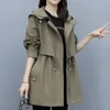 Women's Trench Coats Spring and Autumn 2023 Midlength Coat Hooded Zipper Tiein Jackets British Style Loose Coat's Clothing 230404