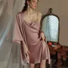 Satin Robe Sexy Frauen Nachtwäsche Casual Intime Dessous Faux Seide Nachthemd 2 Stück Set Kimono Bademantel Kleid Nachtwäsche