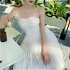 Vestidos casuais francês vintage branco suspender vestido mulheres verão solto longo noite elegante sem mangas festa sexy design