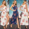 Lässige Kleider Mode Boho Blumendruck Tunika Maxi Damen Taille Plissee Rundhals Langes Kleid Ärmellos Sommer Strand