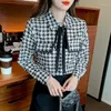 Женские блузки, рубашка с узором «гусиные лапки», женская блузка с длинным рукавом, корейская мода, летний шифоновый галстук-бабочка, повседневный свободный топ