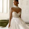 Elegant Pearls A Line Wedding Dresses High Collar Long Sleeve Satin Bridal Gown Bow Tie Belt Court Train robe de mariage